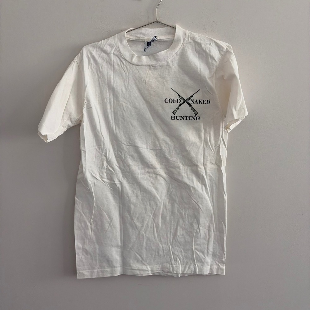 Vintage Coed Naked Hunting T Shirt Mens Medium White Graphic Tee Made in USA